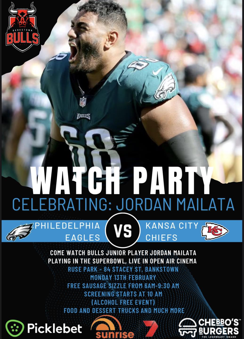 Watch Party Celebrating Jordan Mailata Super Bowl (Free Event) Bankstown Bulls JRLFC
